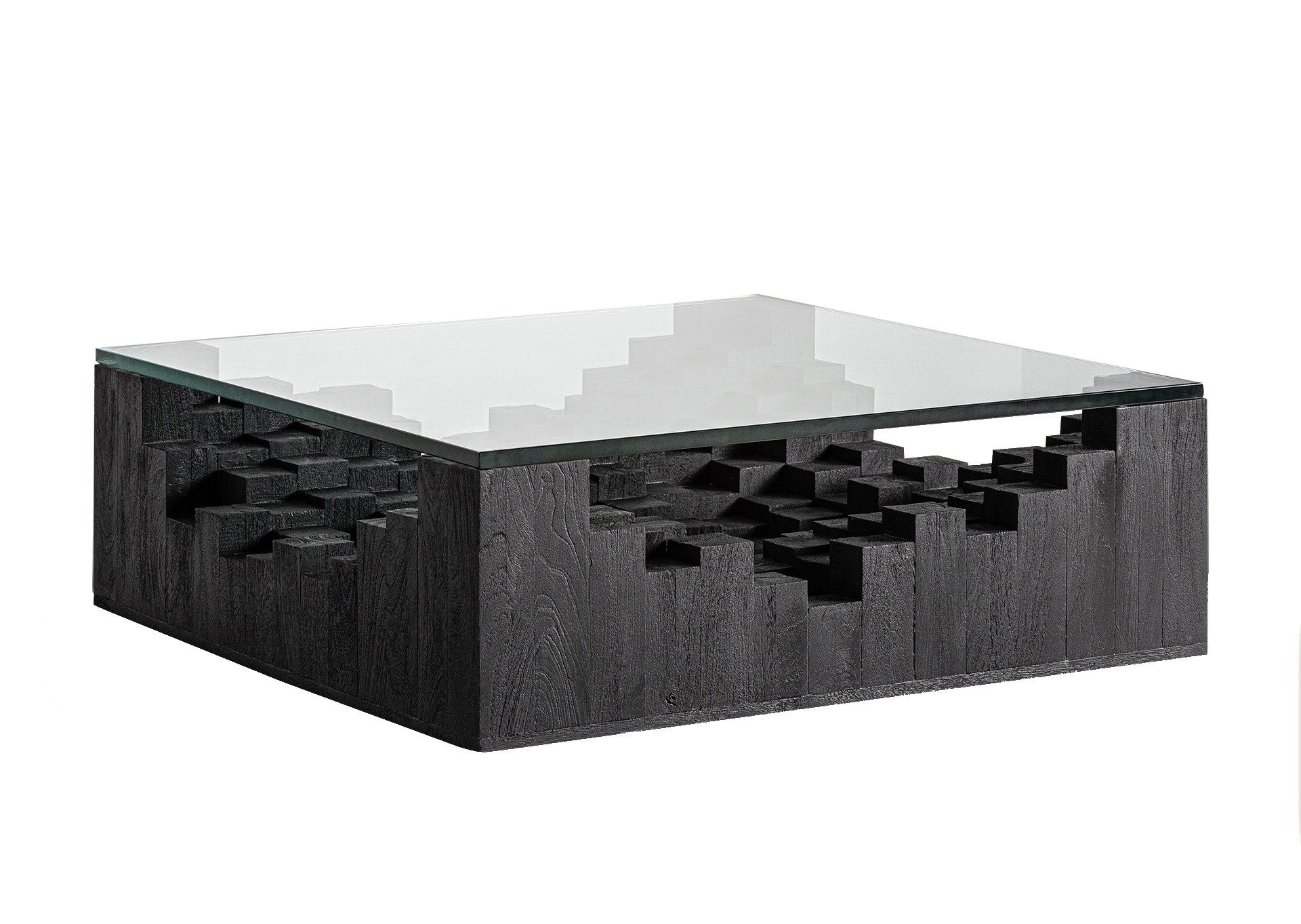 Estila Luxusný art deco štvorcový konferenčný stolík Cubia Nera z masívneho mangového čierneho dreva so sklenenou doskou 118 cm