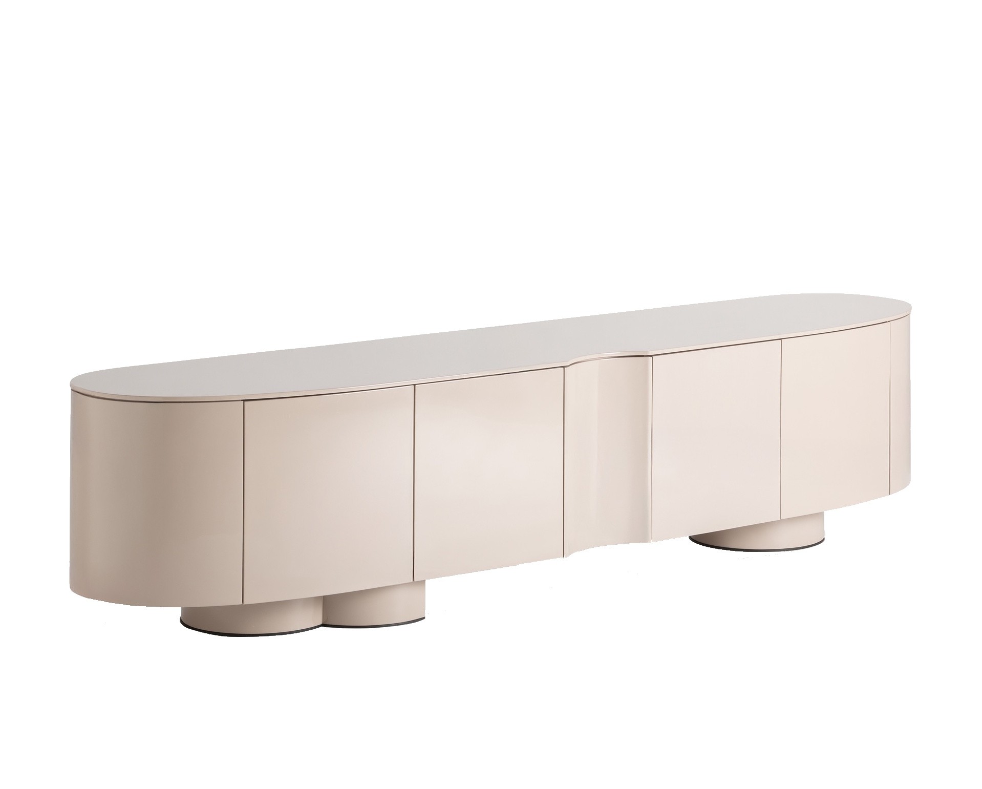 Estila Luxusný art deco oválny TV stolík Munios béžovej farbe so štyrmi dvierkami s lesklým povrchom 220 cm