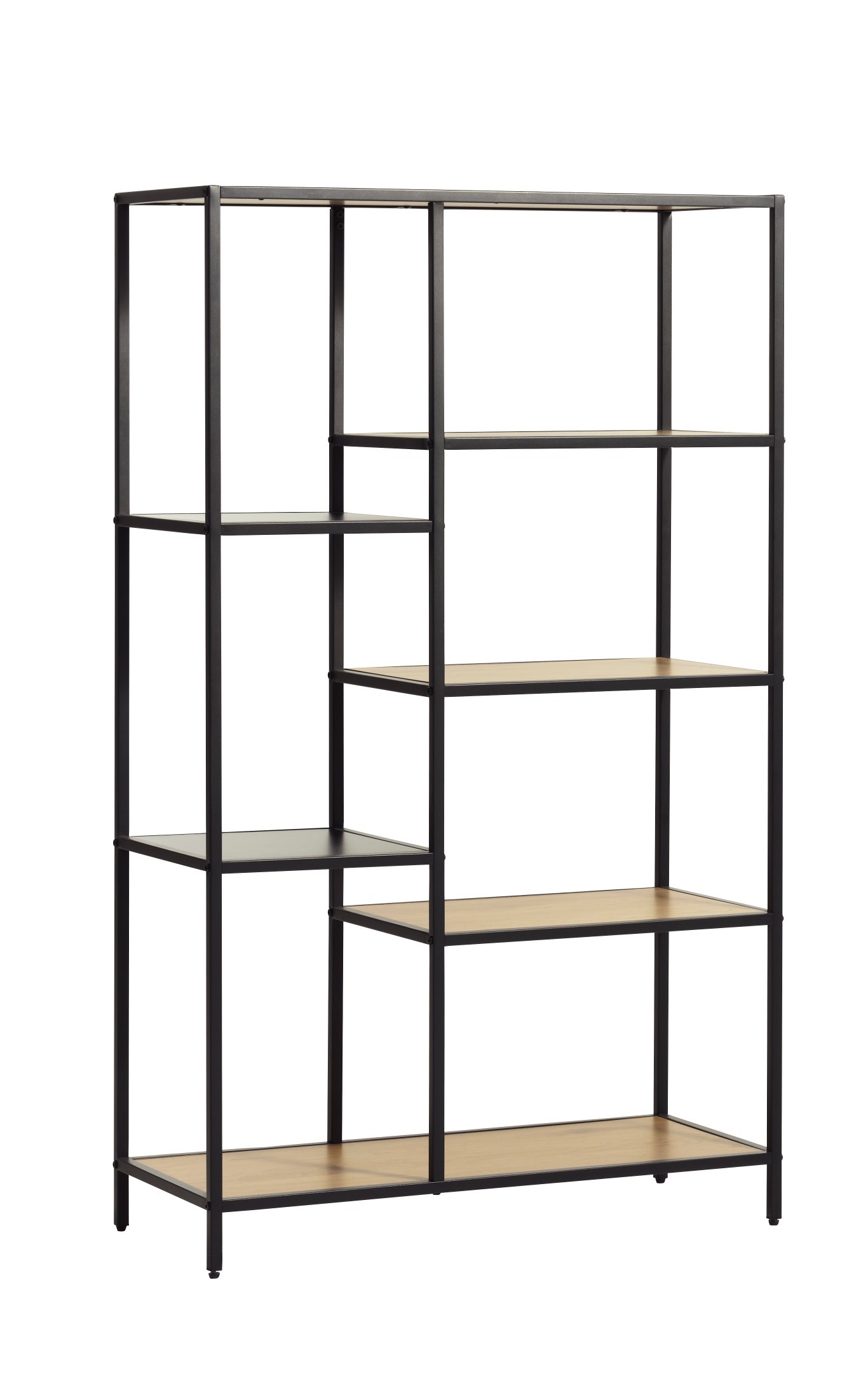 Estila Moderný industriálny obdĺžnikový regál Helin s čiernou konštrukciou so šiestimi hnedými asymetricky umiestnenými policami 146 cm