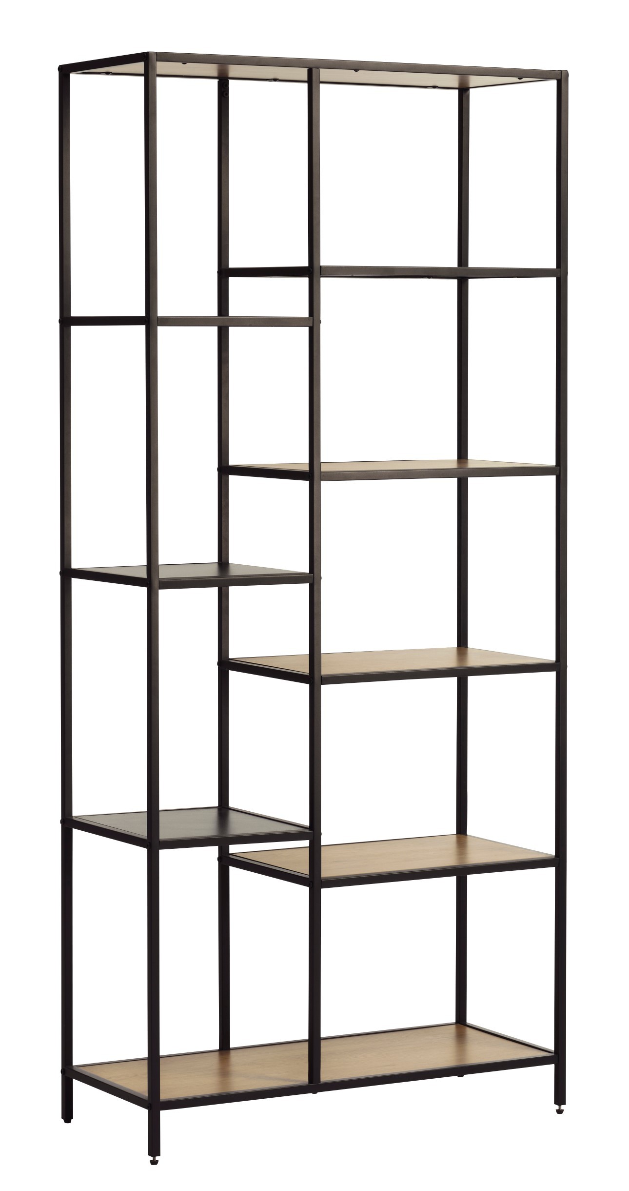 Estila Moderný industriálny obdĺžnikový regál Helin s ôsmimi hnedými policami rozličných veľkostí s čiernou kovovou konštrukciou 180 cm