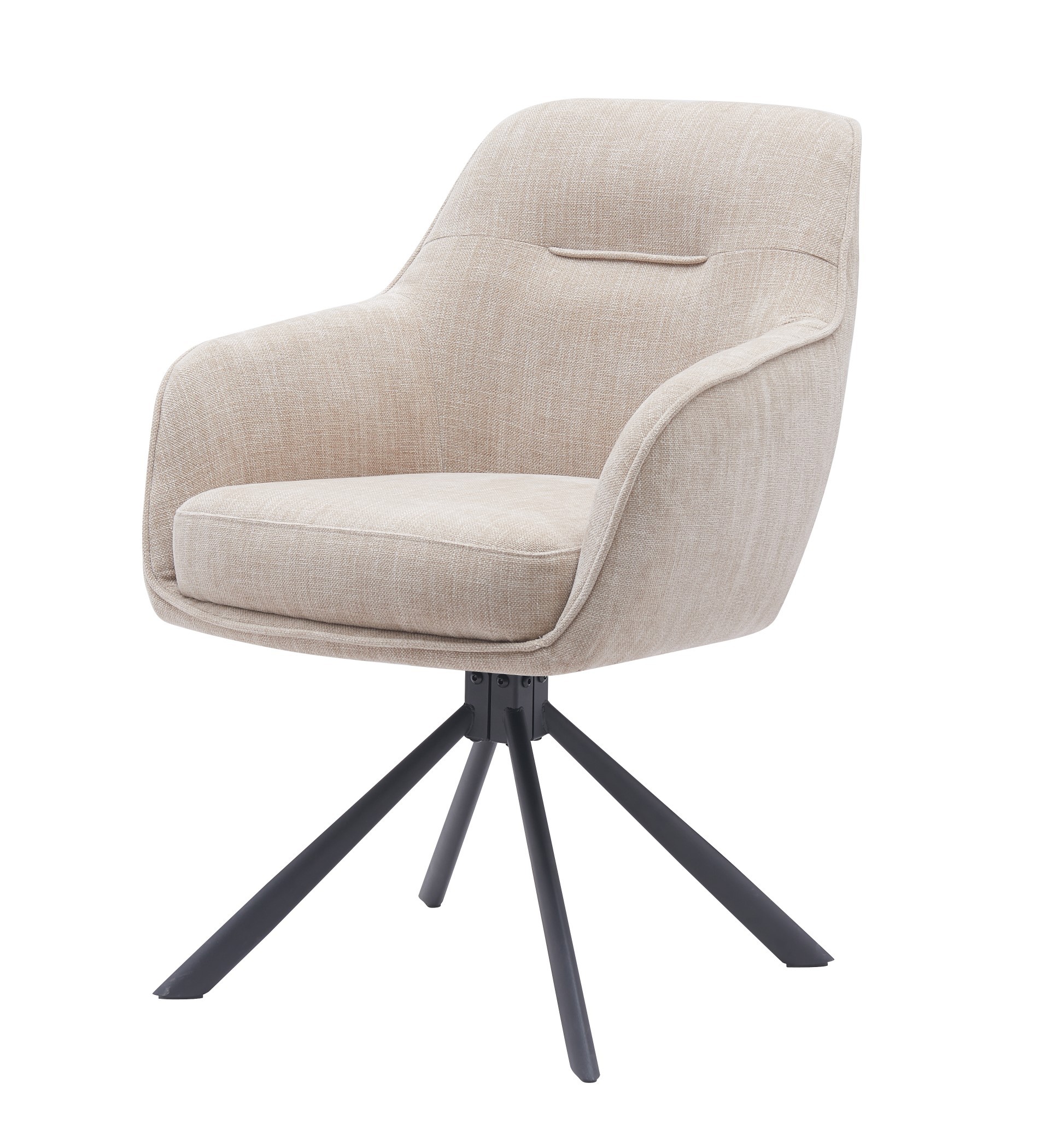 Estila Moderná otočná jedálenská stolička Egon so svetlým béžovým poťahom s dizajnom ľanu s čiernymi kovovými nohami 59 cm