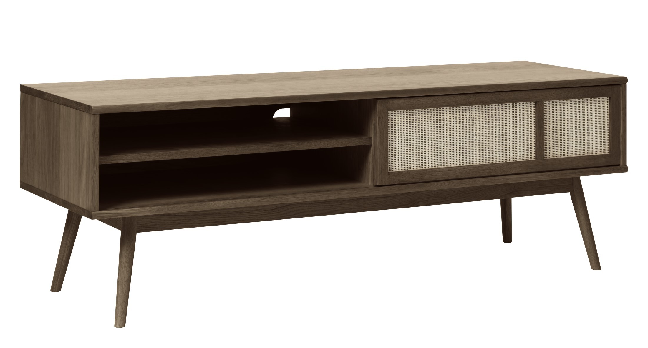 Estila Retro tmavohnedý TV stolík Aarhus s úložným priestorom s posuvnými dvierkami s ratanovým výpletom z dubového dreva 150 cm