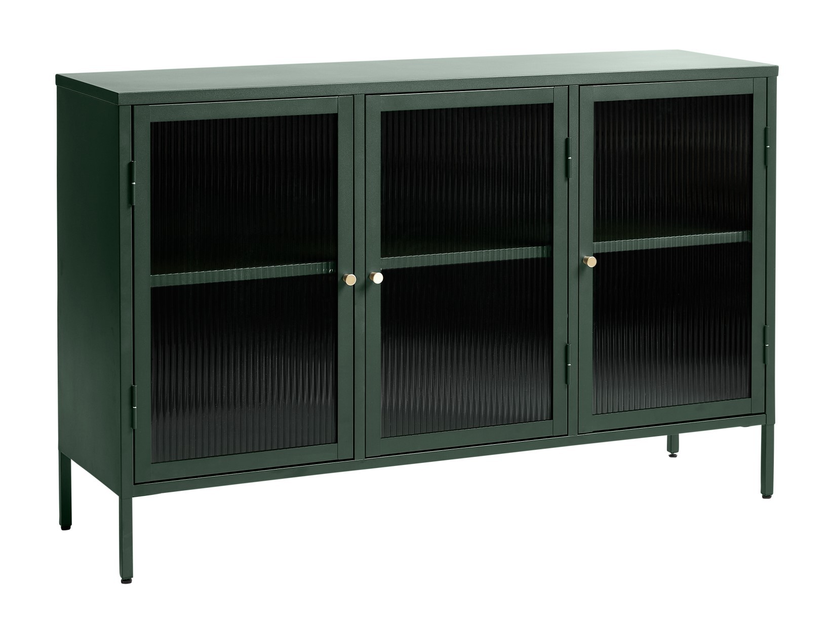 Estila Moderný industriálny príborník Farver z kovu v zelenej farbe s tromi sklenenými dvierkami s vrúbkovanou štruktúrou 132 cm