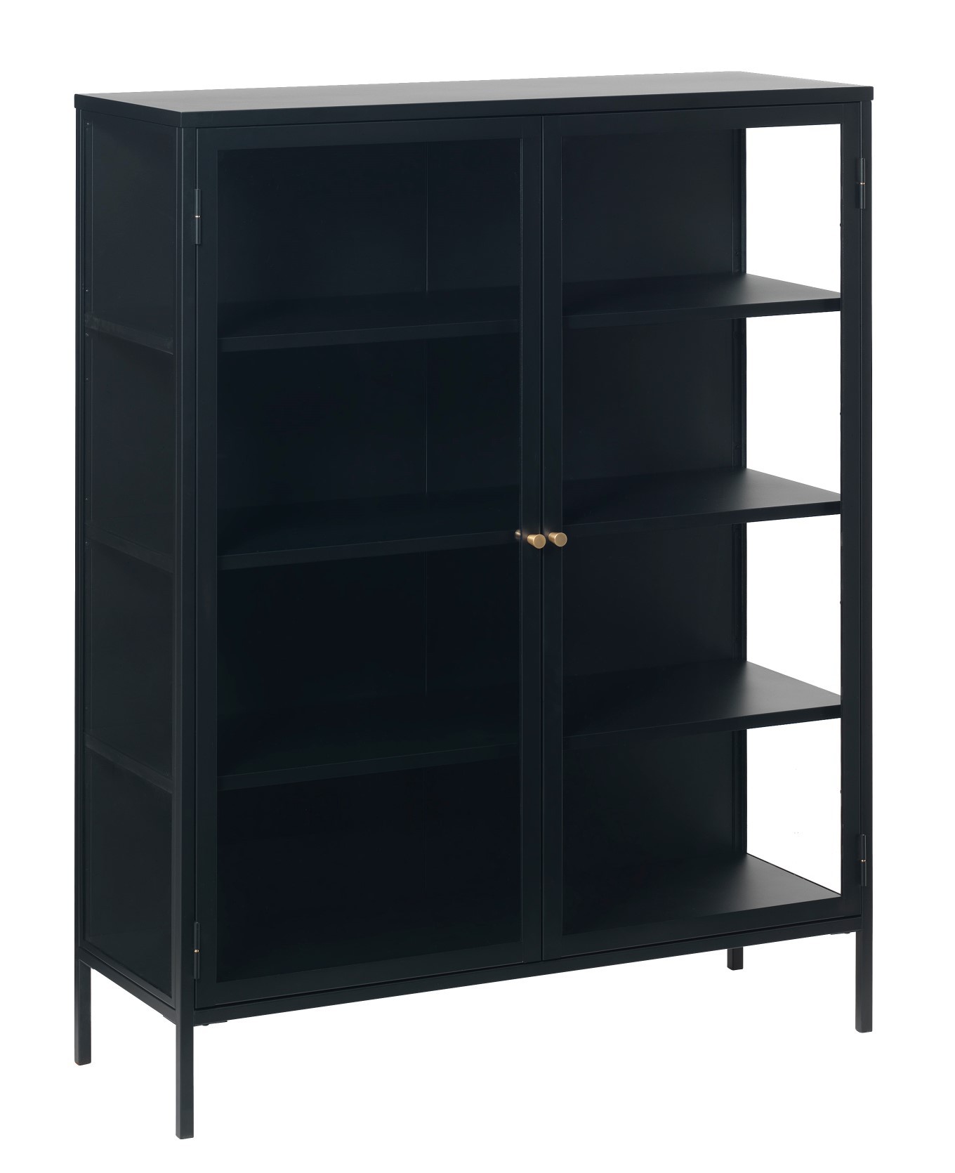 Estila Industriálna čierna kovová vitrína Soeren z dvojitými presklenými dvierkami s lesklou zlatou úchytkou a štyrmi policami 140 cm