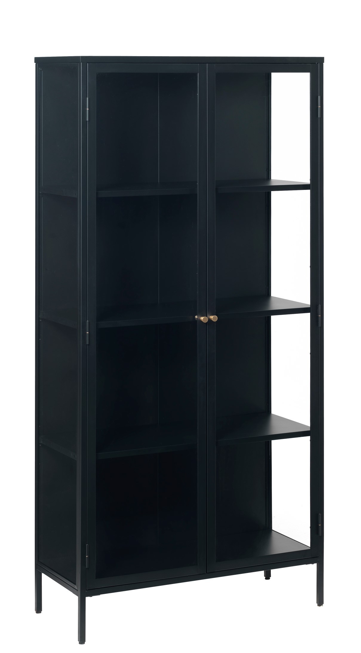 Estila Industriálna vysoká presklená dvojdverová vitrína Soeren so štyrmi policovými miestami z kovu v čiernej farbe 190 cm