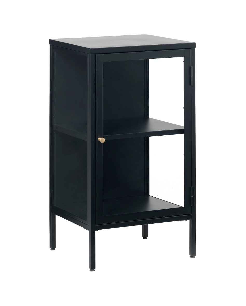 Estila Moderný industriálny jednodverový príborník Soeren z čierneho kovu s presklenými dvierkami a lesklou zlatou úchytkou 45 cm