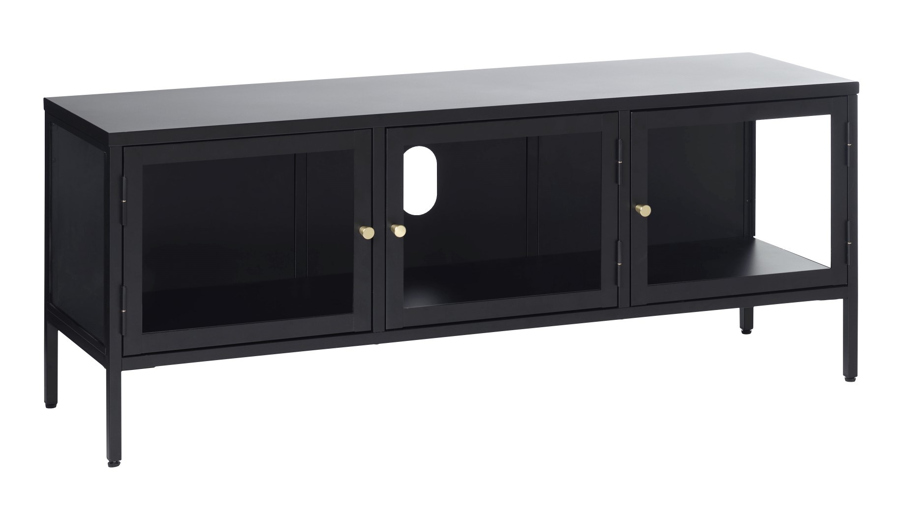 Estila Moderný čierny trojdverový TV stolík Soeren z kovu so sklenenými dvierkami so zlatou úchytkou na nožičkách 132 cm