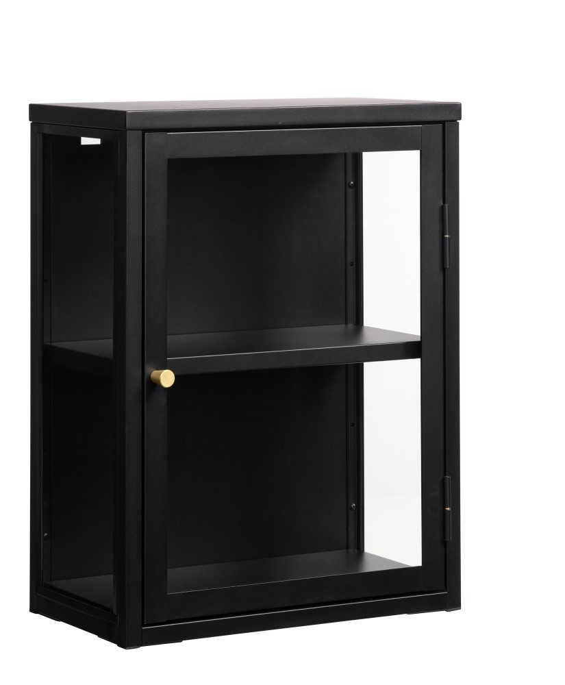 Estila Dizajnová industriálna nástenná vitrína Soeren s jednými dvierkami z kovu v čiernej farbe so sklenenými výplňami 60 cm