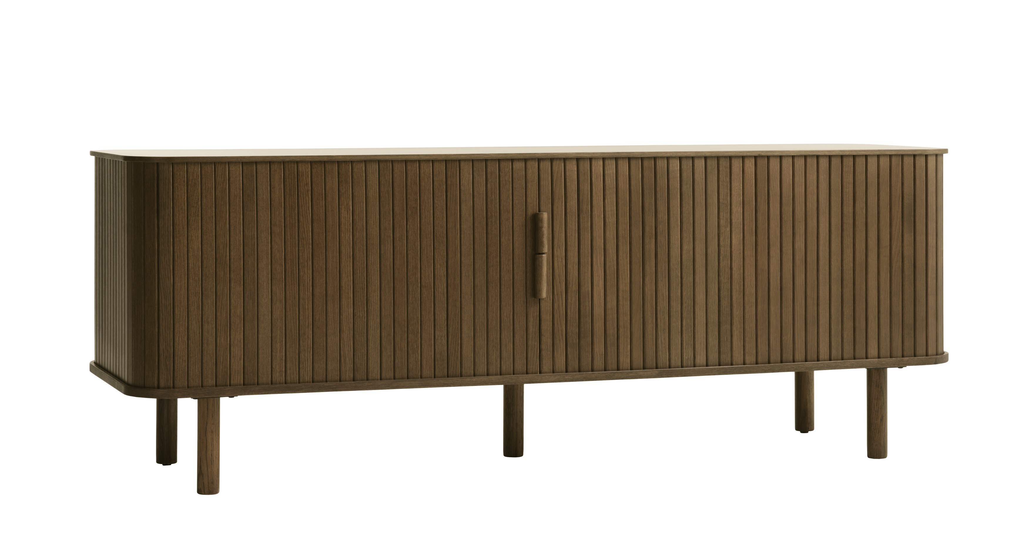 Estila Retro TV stolík Elbe v tmavom hnedom dubovom prevedení s dvojdverovým úložným priestorom a lamelovým dizajnom 160 cm