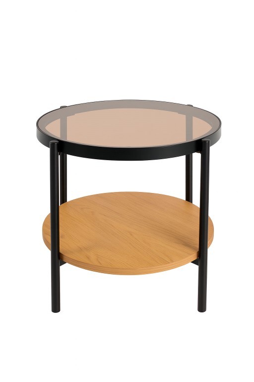 Estila Sklenený retro okrúhly príručný stolík Sonny s priehľadnou hnedou doskou a dubovou policou s čiernym rámom 48 cm