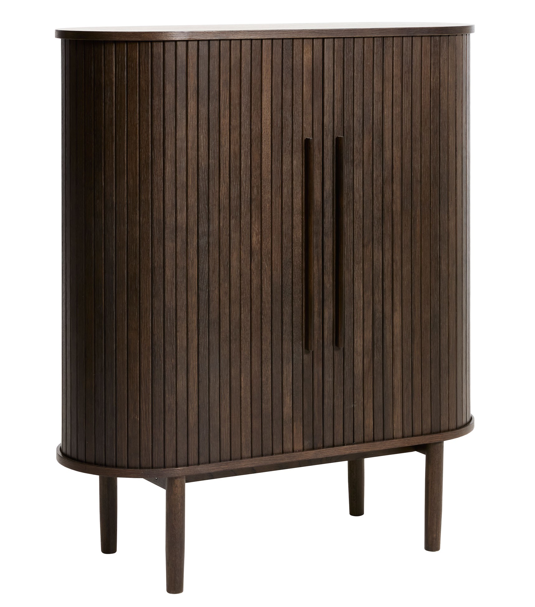 Estila Retro oválna barová skrinka Alborg s dvomi posuvnými lamelovými dvierkami v tmavom hnedom dubovom prevedení 118 cm