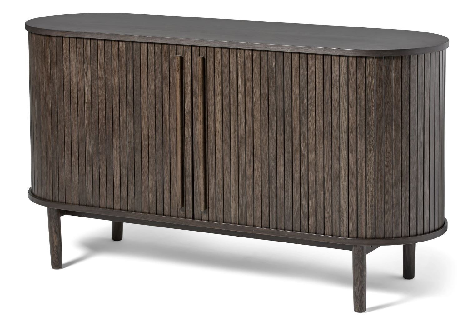 Estila Retro oválny dvojdverový príborník Alborg s lamelovým dizajnom posuvných dvierok v tmavom hnedom dubovom prevedení 140 cm