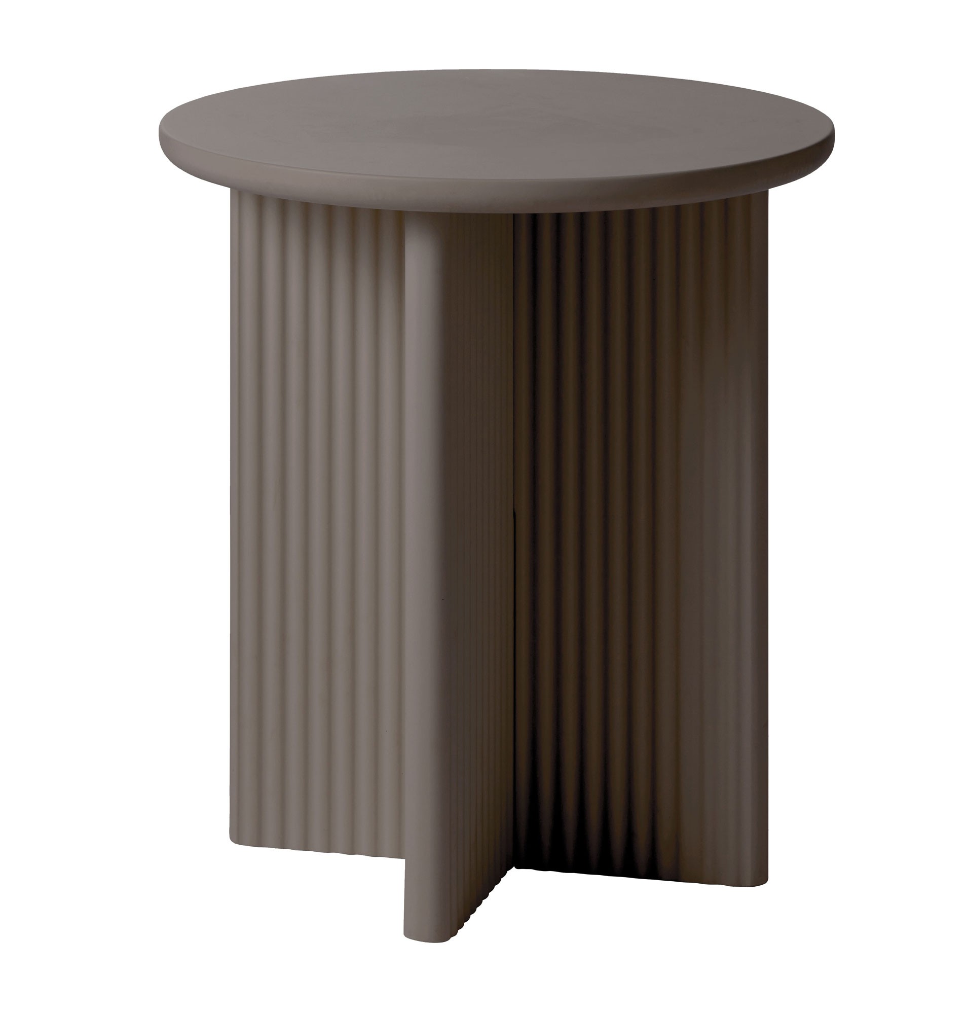 Estila Moderný okrúhly príručný stolík Hvidea s dizajnovou podstavou v tvare X s rebrovaným reliéfom v hnedosivom odtieni taupe 50 cm