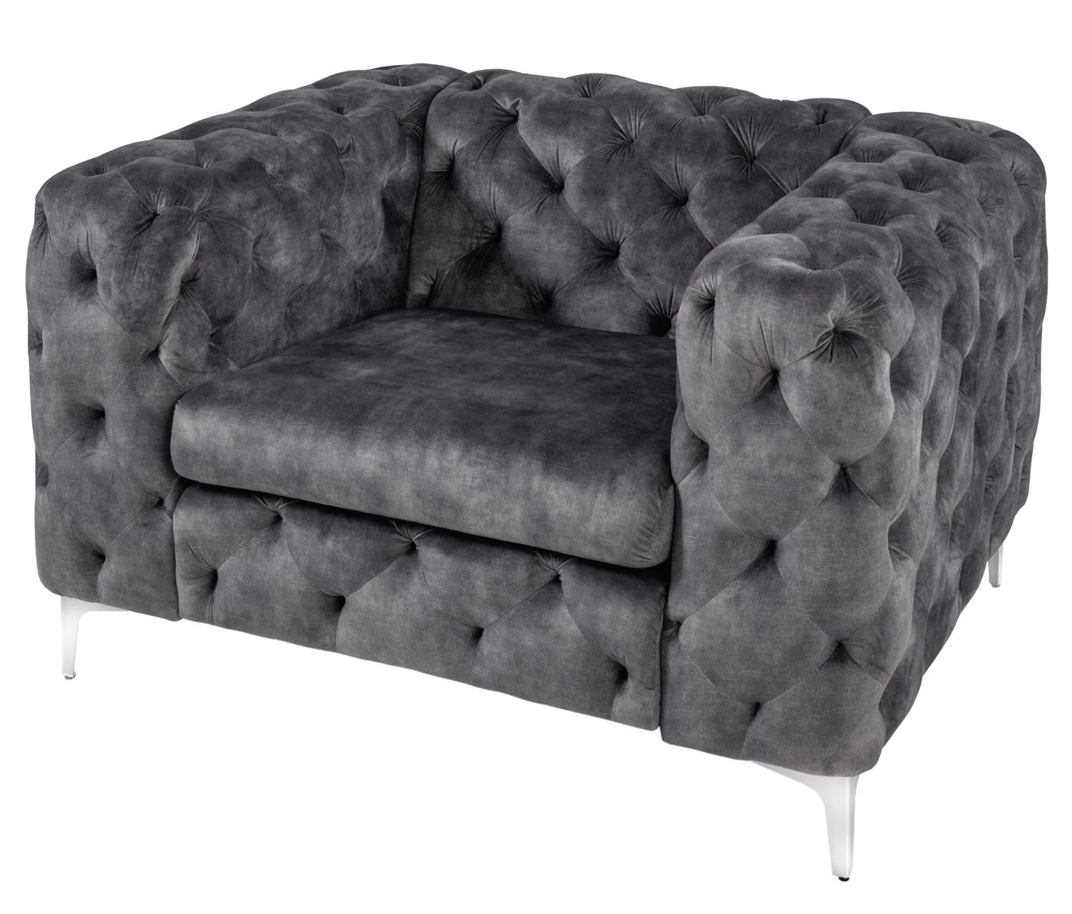 Estila Dizajnové chesterfield kreslo Modern Barock v tmavosivej farbe so zamatovým poťahom a striebornými nožičkami z kovu 120 cm