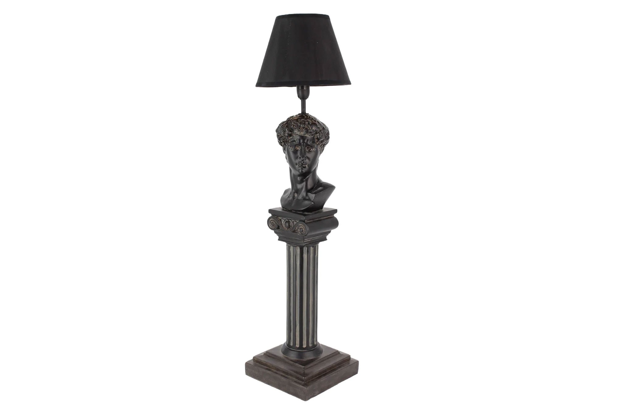 Estila Dizajnová vintage čierna stolná lampa Antica s nohou v tvare antického stĺpa s bustou Dávida s textilným tienidlom 72 cm