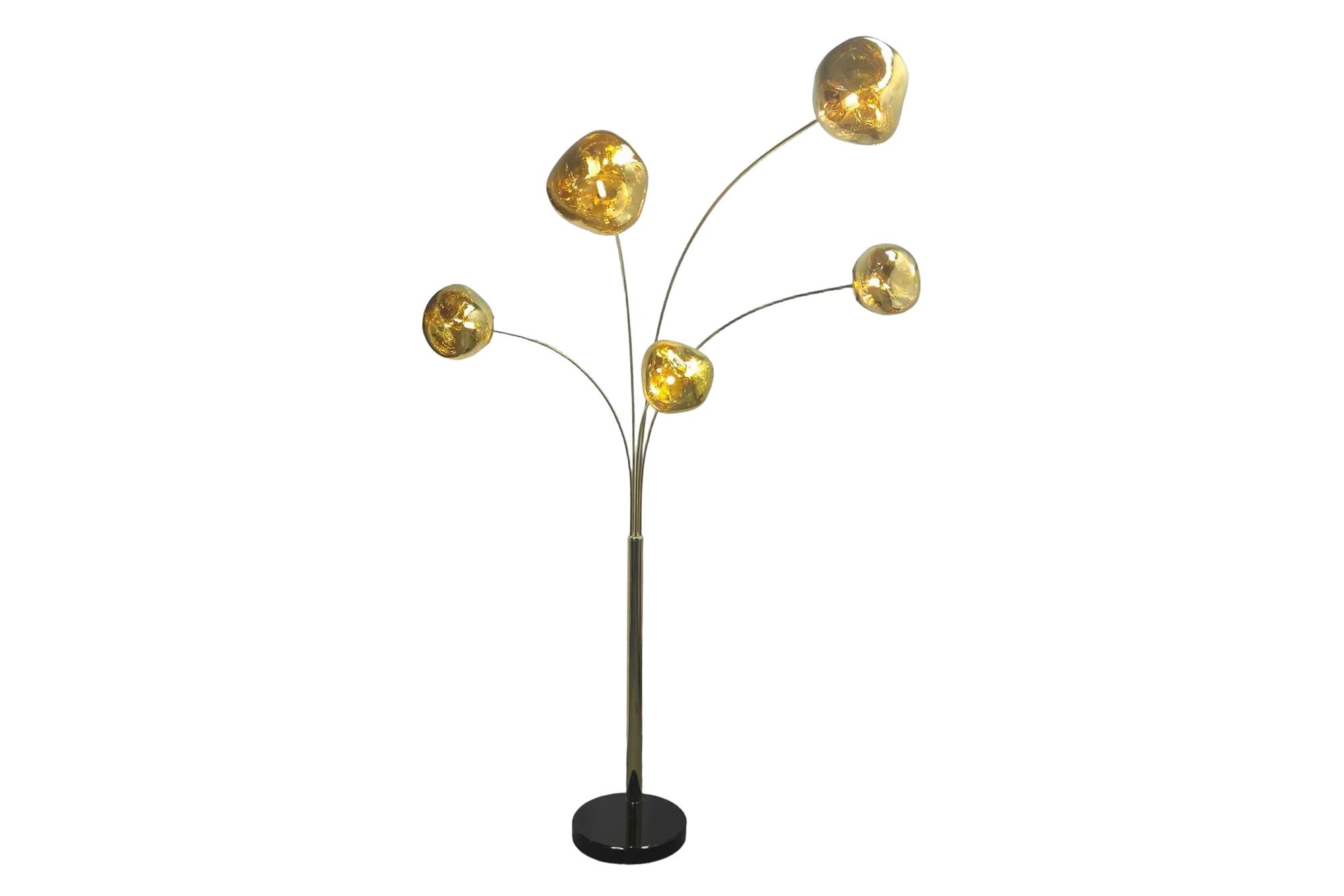 Estila Moderná glamour stojaca lampa Kalan so sklenenými dizajnovými tienidlami v zlatej farbe s čiernou podstavou 202 cm