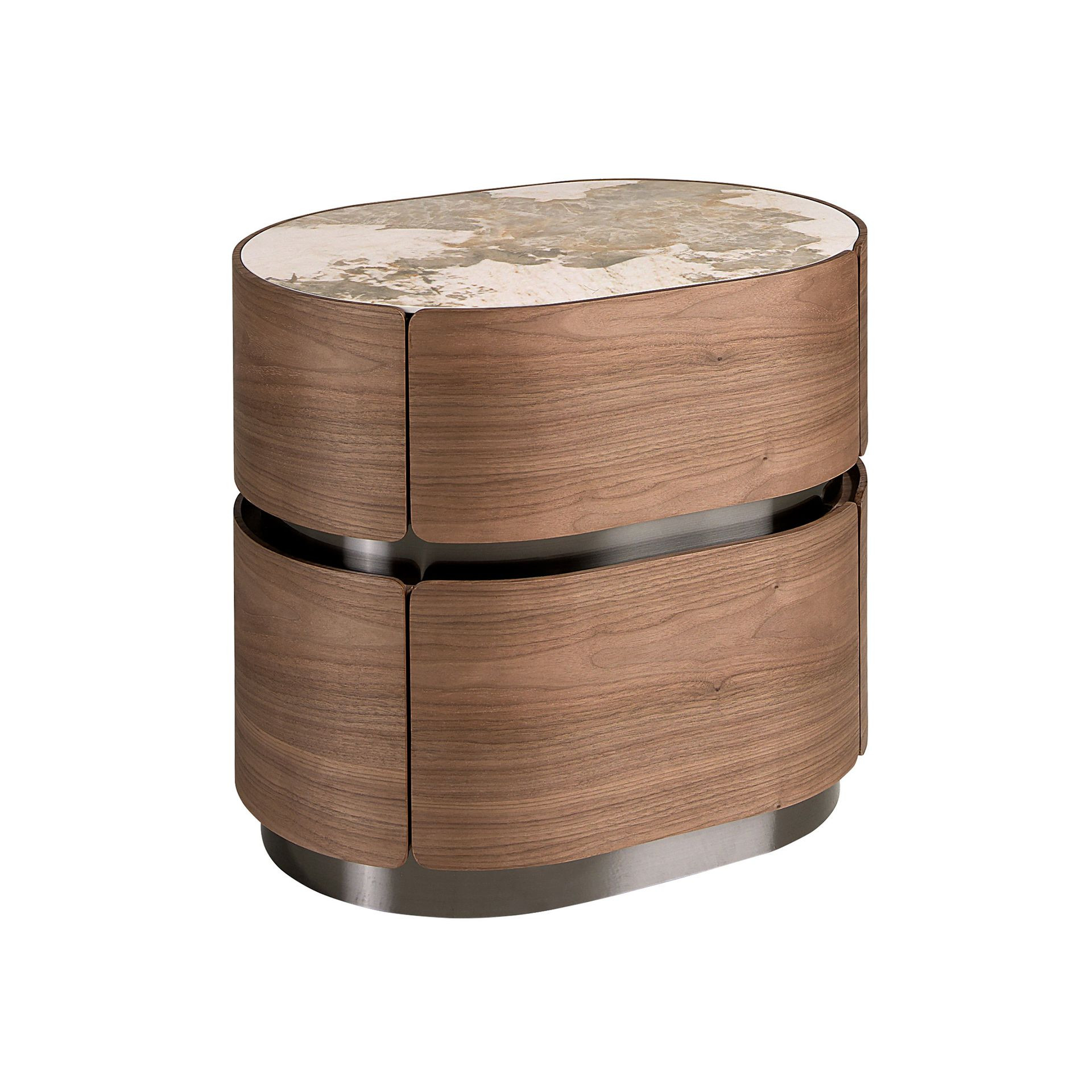 Estila Luxusný art deco oválny orechovo hnedý nočný stolík Vita Naturale s dvomi zásuvkami a bielym mramotom so sivou kresbou 58 cm