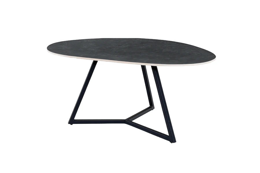 Estila Dizajnový industriálny čierny konferenčný stolík Ceramia Gris s keramickou doskou organického tvaru so sivým mramorovaním 90 cm