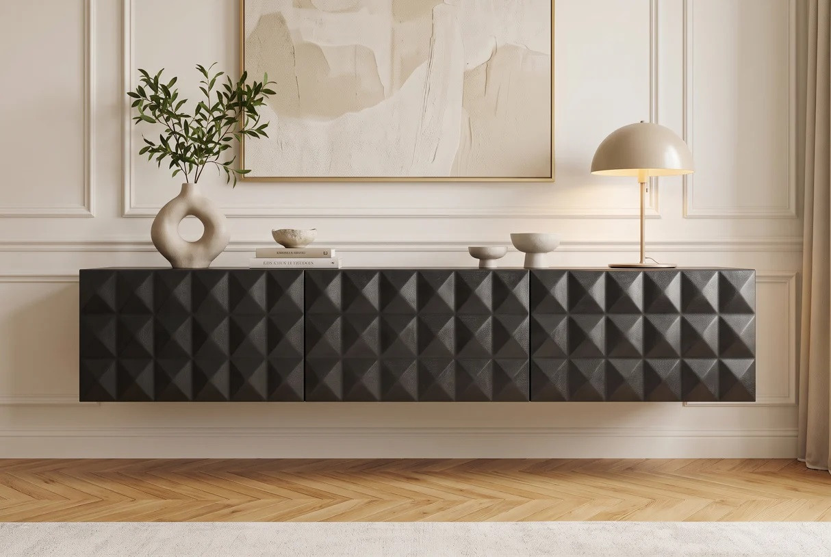 Estila Dizajnový masívny nástenný TV stolík Vinan s tromi dvierkami a geometrickým plastickým reliéfom v čiernej farbe 160 cm