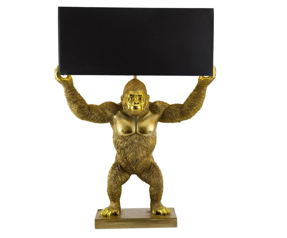 Estila Dizajnová glamour stolná lampa Tierra Glam so zlatou podstavou v tvare stojacej opice s čiernym obdĺžnikovým tienidlom 65 cm