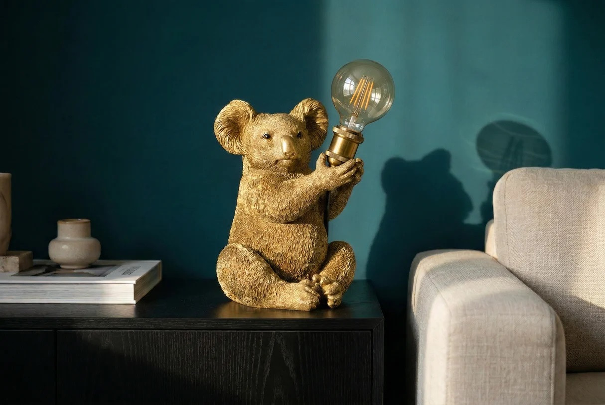 Estila Dizajnová glamour stolná lampa Tierra Glam v zlatej farbe v podobe sediacej koaly držiacej okrúhle sklenené tienidlo 34 cm