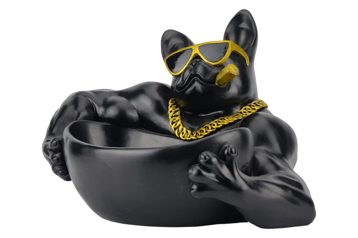 Estila Dizajnová čierna misa Pop Atelier s figúrou buldoga s cigarou a okuliarmi so zlatými detailmi v pop art štýle 32 cm