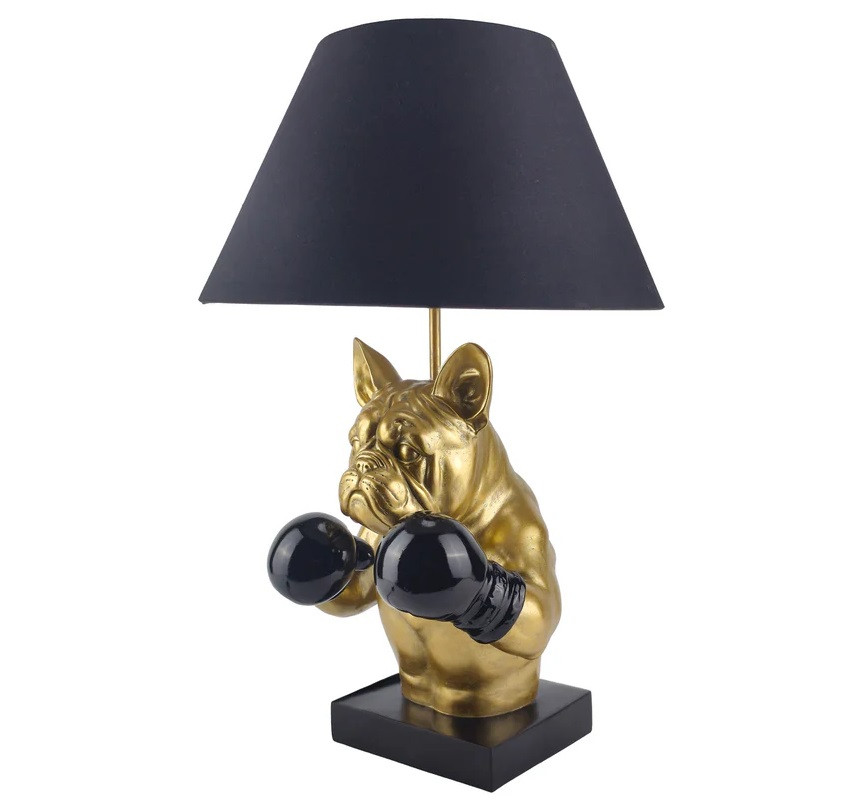 Estila Glamour stolná lampa Pop Atelier s čiernym tienidlom a podstavou so zlatou sochou buldoga s boxerskými rukavicami 56 cm
