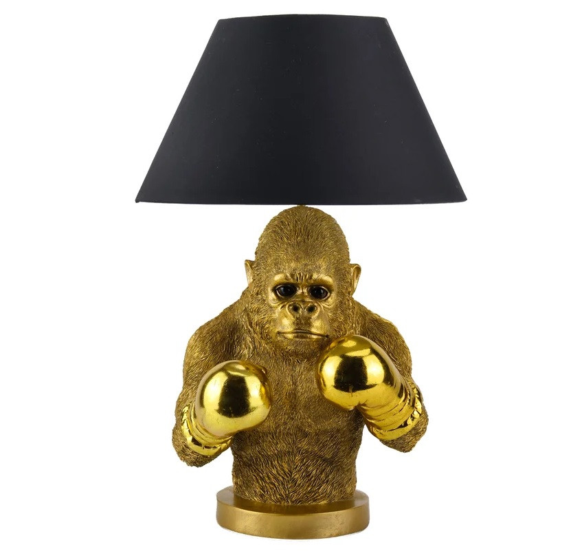 Estila Dizajnová glamour stolná lampa Pop Atelier so zlatou podstavou so sochou opice s boxerskými rukavicami a čiernym tienidlom 55 cm