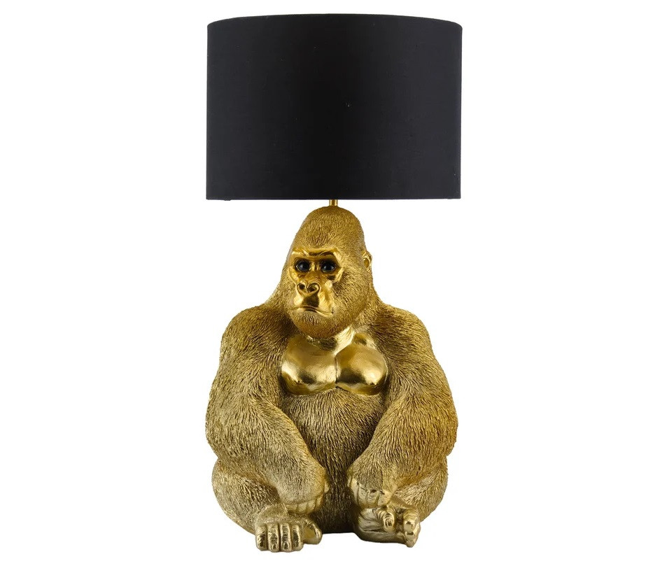 Estila Dizajnová glamour stolná lampa Tierra Glam so zlatou podstavou v podobe sochy sediacej opice s čiernym tienidlom 54 cm