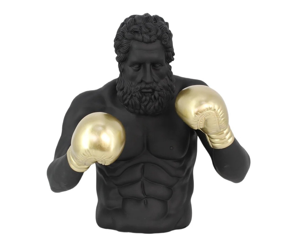 Estila Moderná dizajnová socha Zeus s motívom čiernej antickej figúry so zlatými boxovacími rukavicami v pop art štýle 48 cm
