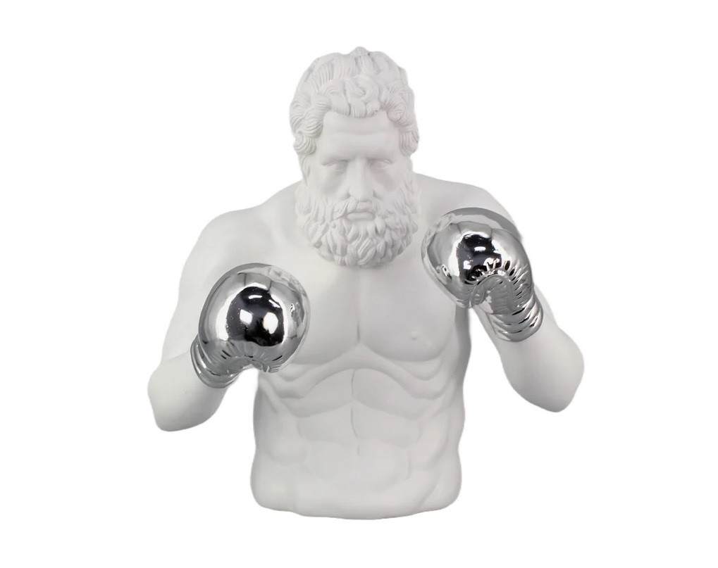 Estila Moderná dizajnová biela socha Zeus v podobe antickej figúry v boxerskej póze s lesklými striebornými rukavicami 47 cm