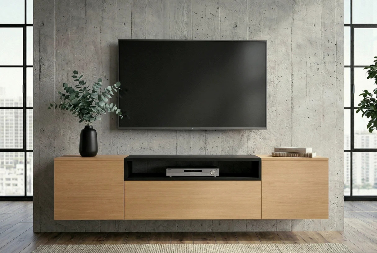 Estila Moderný obdĺžnikový hnedý nástenný dubový TV stolík Attica s dvomi dvierkami a zásuvkou s policou v čiernej farbe 160 cm