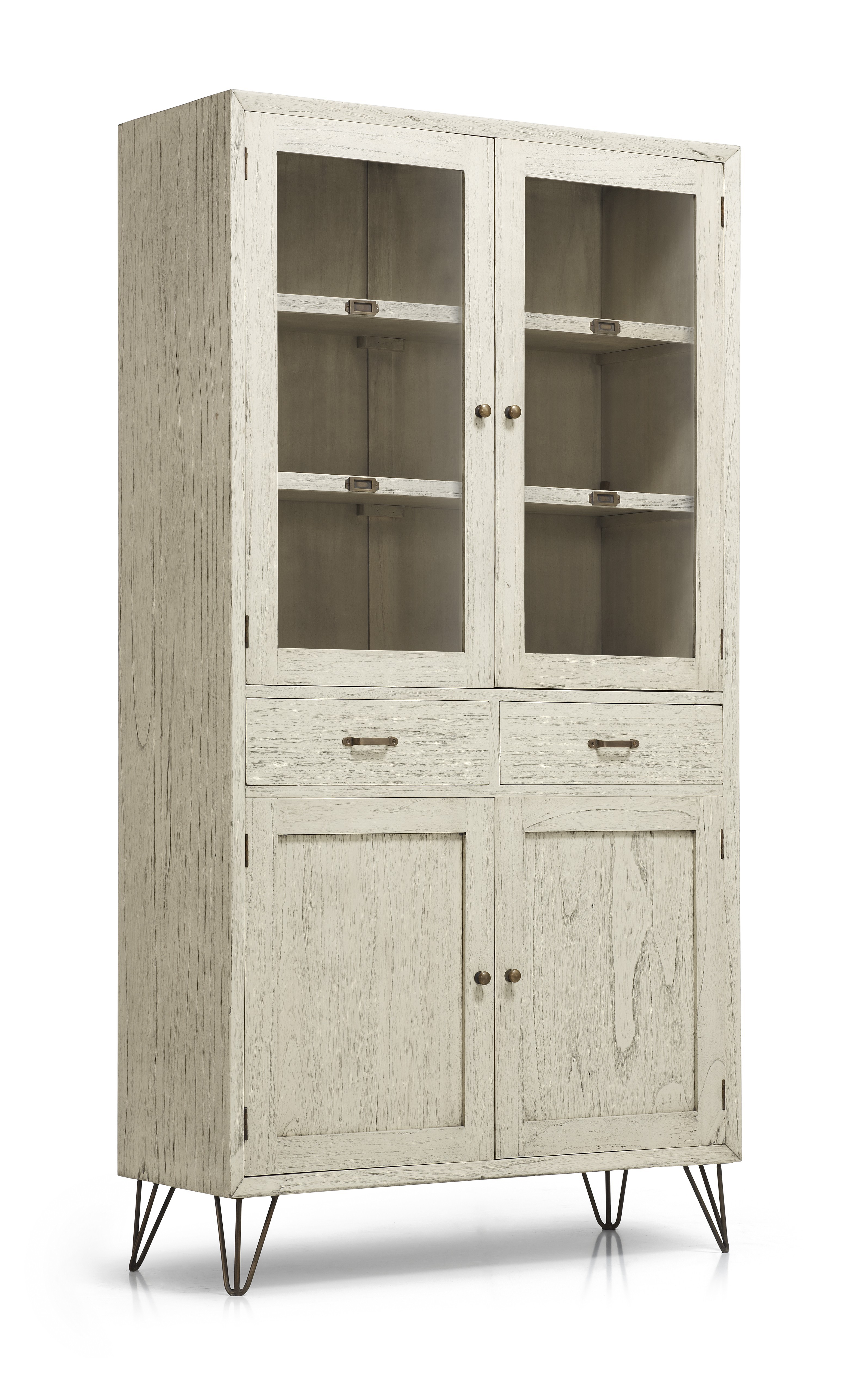 Estila Biela vitrína MURIA v retro štýle z dreva mindi s dvomi zásuvkami a presklenými dverami