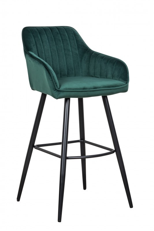 Estila Moderná barová stolička Vittel so zamatovým smaragdovozeleným poťahom s čiernymi kovovými nohami 102cm