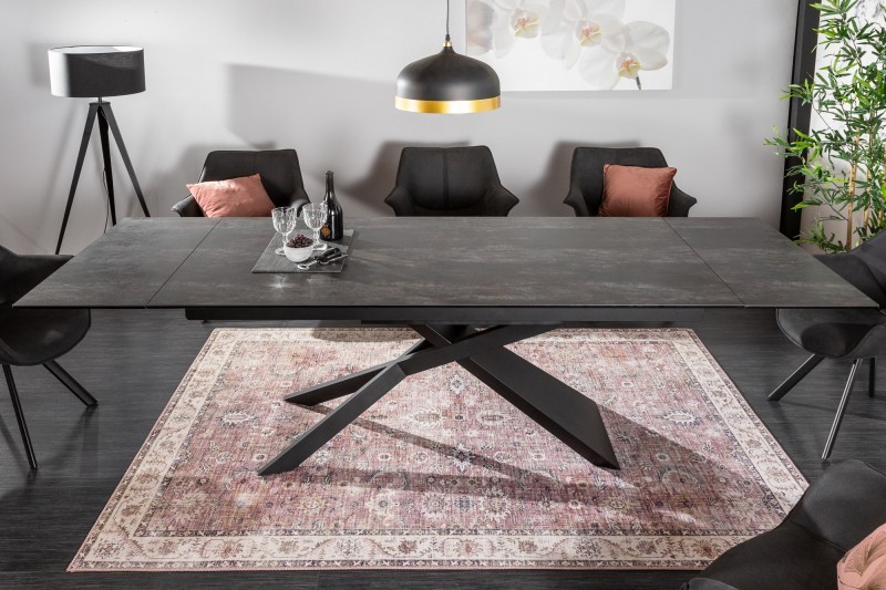 Estila Moderný rozkladací sivý jedálenský stôl Marmol s keramickou doskou a čiernou prekríženou konštrukciou z kovu 260cm