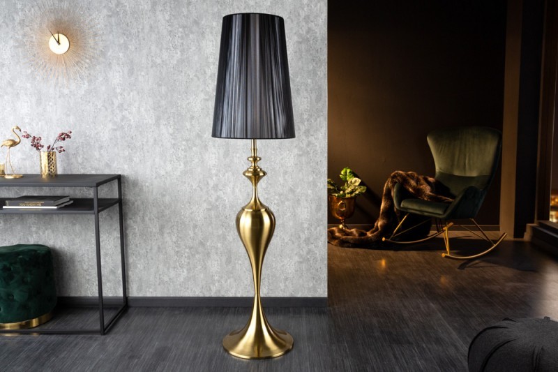 Estila Moderná dizajnová stojaca lampa Lucie v zlatom prevedení z kovu s čiernym tienidlom 160cm
