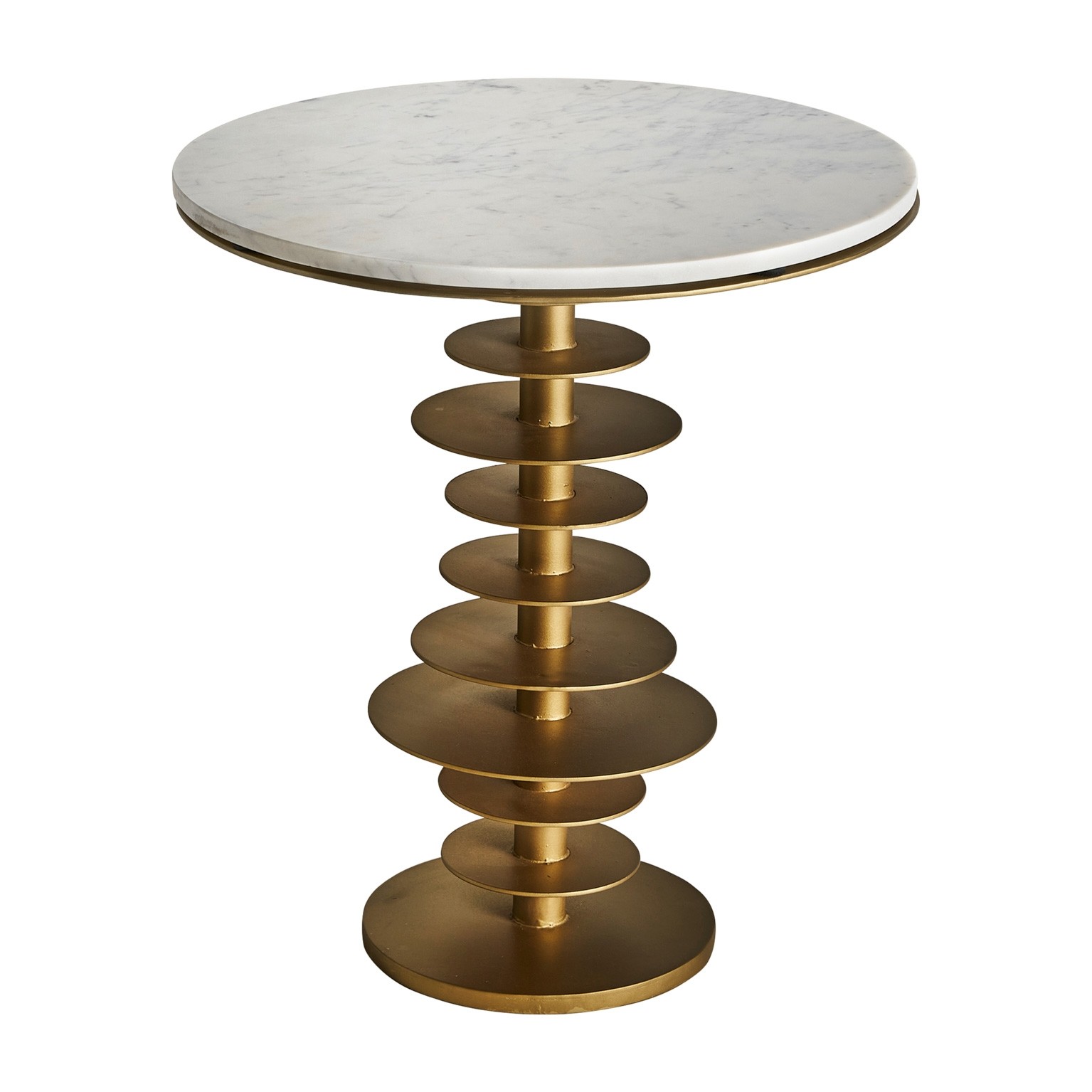 Estila Štýlový art-deco okrúhly príručný stolík Amuny s mramorovou vrchnou doskou a špirálovou kovovou podstavou zlatej farby 58cm