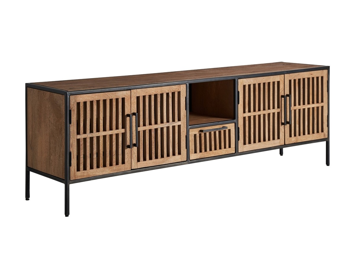 Estila Moderný industriálny TV stolík Dureti z mangového dreva hnedej farby a s čiernou kovovou konštrukciou 200cm