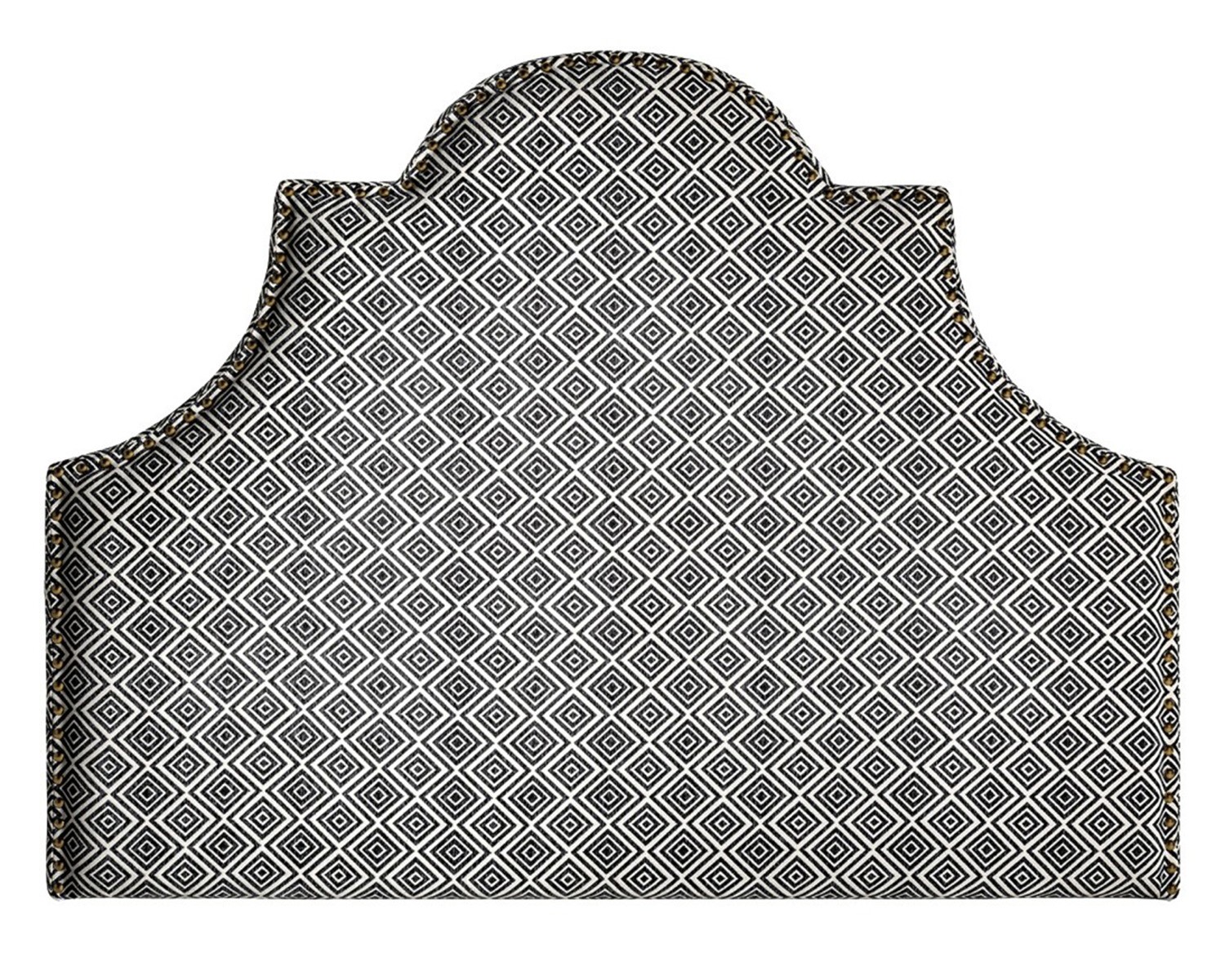 Moderné čalúnené čelo postele Spear s čierno-bielym vzorom a mosadzným vybíjaním