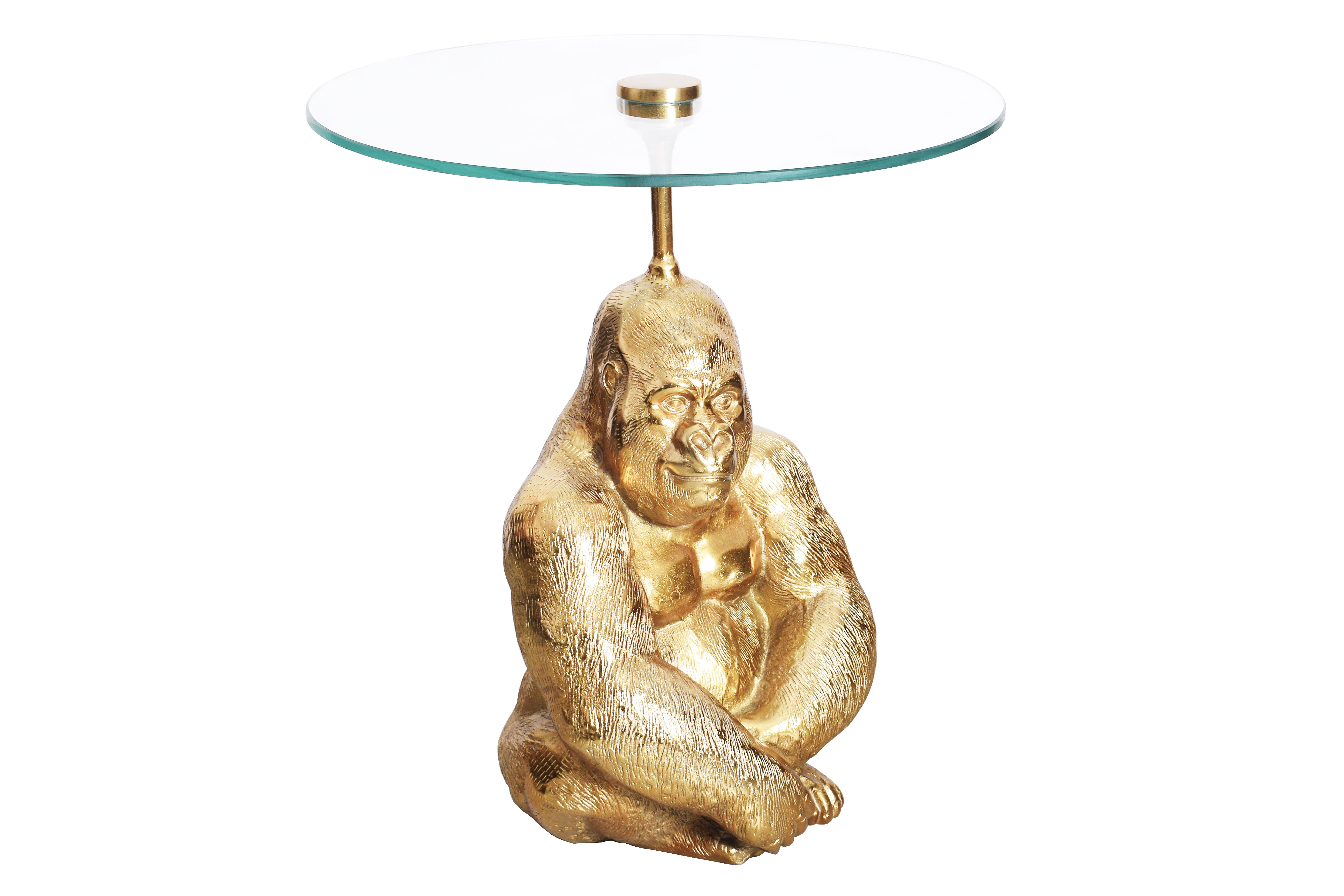 Estila Luxusný okrúhly príručný stolík Wilde v art-deco štýle s podstavou s figúrou gorily v zlatej farbe a sklenenou doskou 51 cm