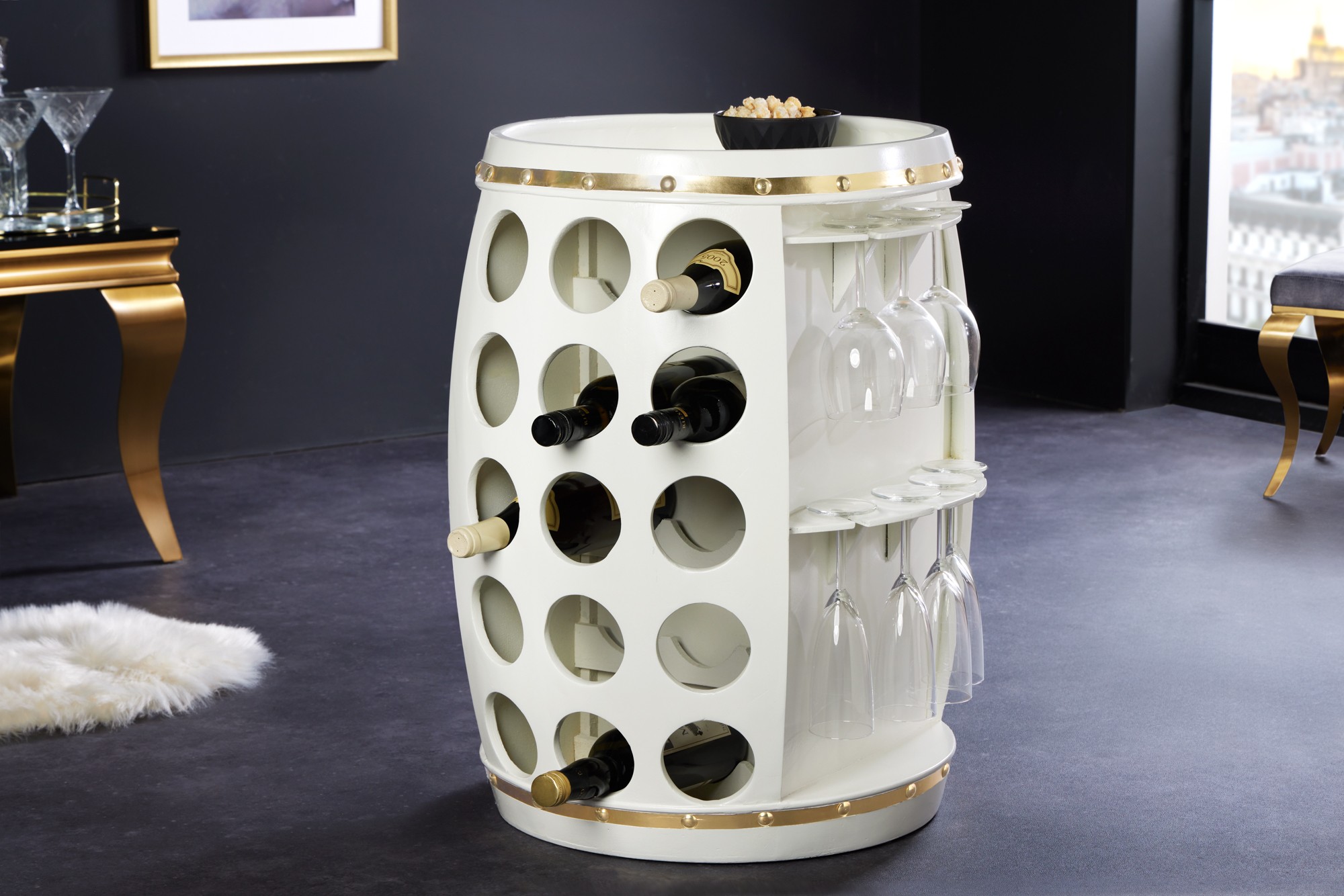 Estila Luxusná dizajnová vinotéka Crawley v art deco štýle v tvare suda biela so zlatými detailmi 66 cm