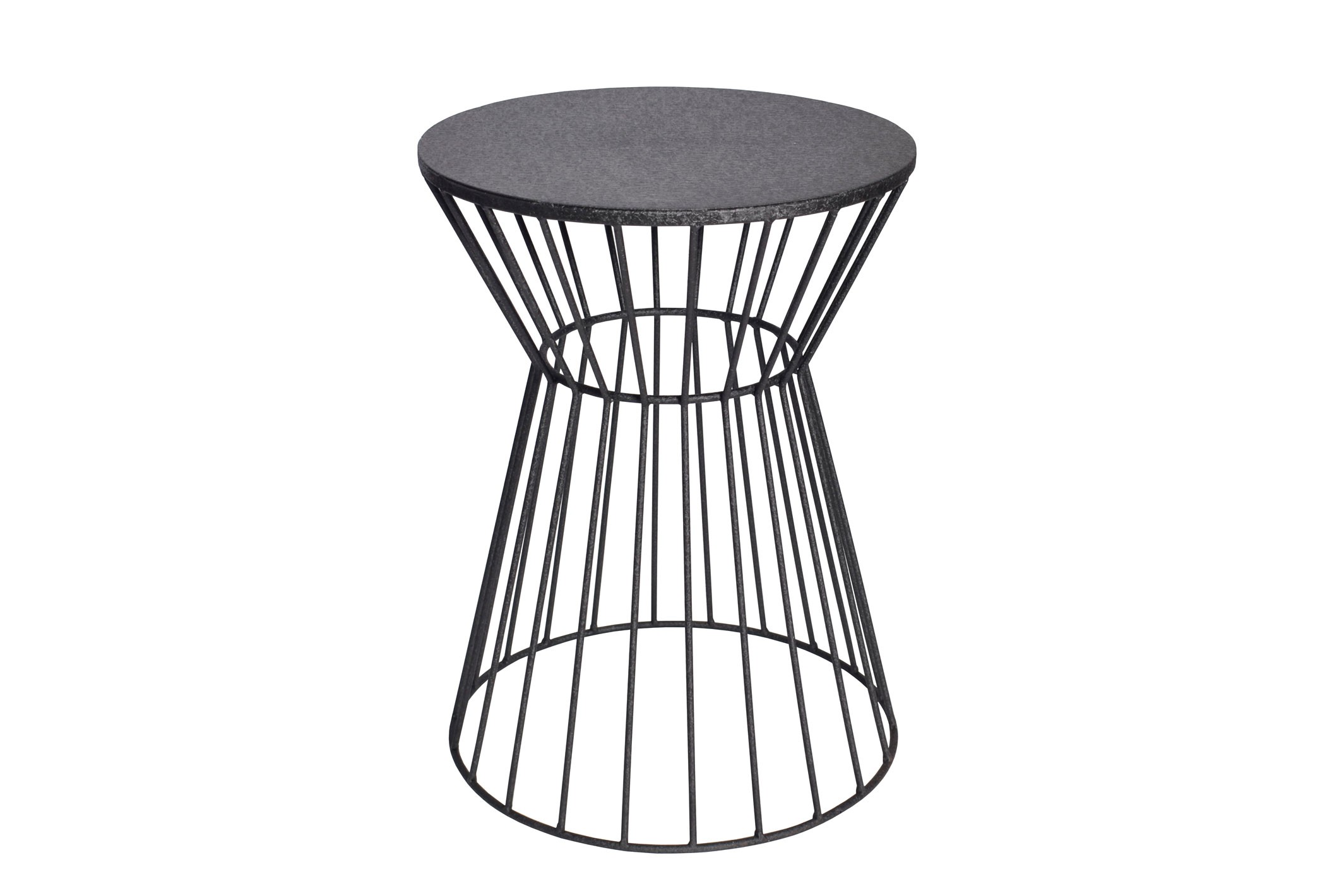 Estila Industriálny okrúhly príručný stolík Esme s dizajnovou podstavou so siluetou presýpacích hodín grafitová čierna 45 cm