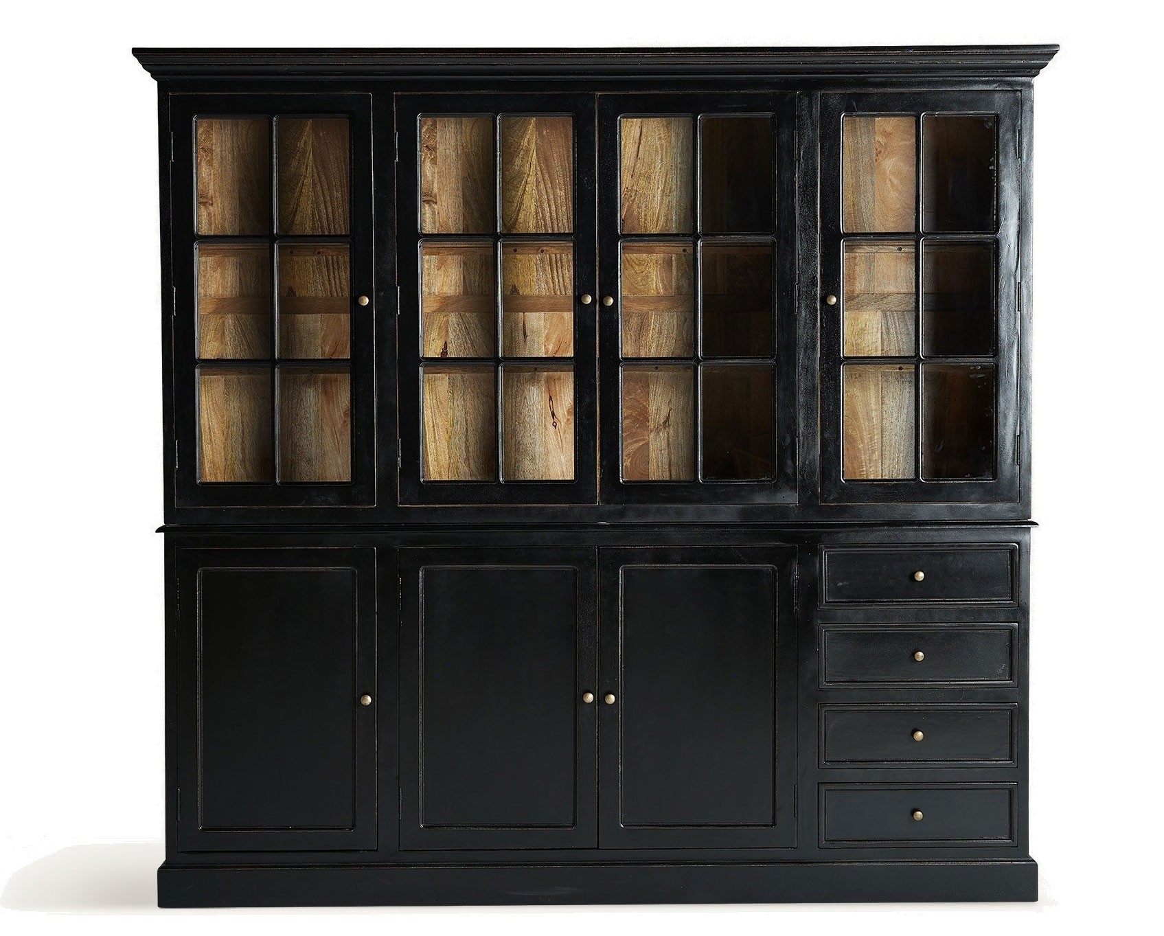 Estila Luxusná čierna vintage štvordverová vitrína Zena Noir so skrinkami a zásuvkami v spodnej časti 205 cm