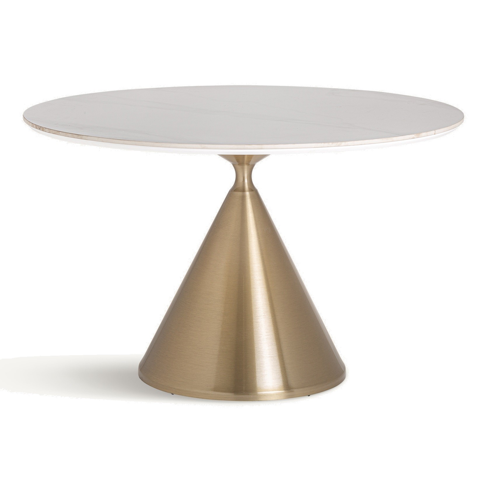 Estila Luxusný art deco biely okrúhly jedálenský stôl Cronos s kamennou vrchnou doskou a zlatou nohou 120 cm