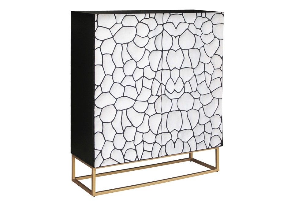 Estila Dizajnová čierno biela art deco barová skrinka Trencadia s dvojitými dvierkami ozdobenými mozaikou 120 cm