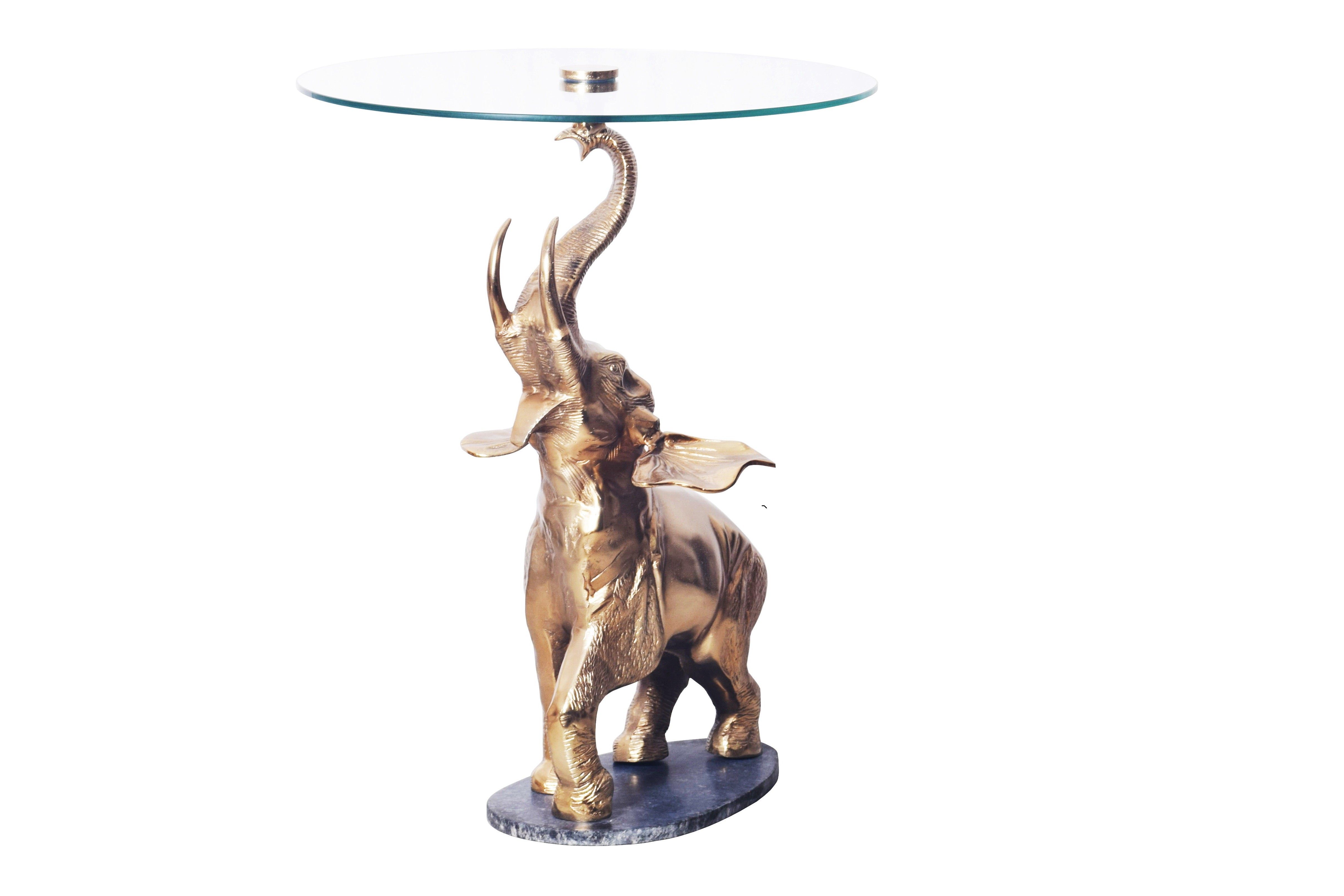 Estila Dizajnový zlatý glamour príručný stolík Balarama s figúrou slona a sklenenou vrchnou doskou 75 cm