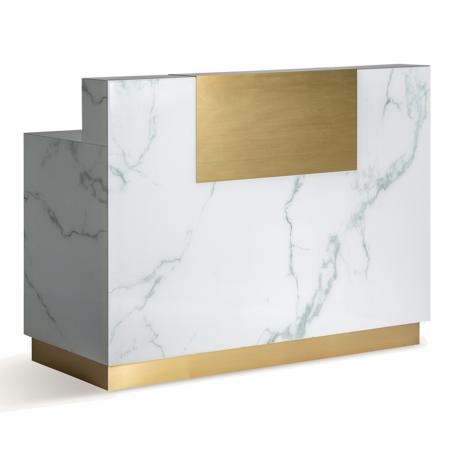 Estila Luxusný art deco biely barový pult Moraira s mramorovým dizajnom a zlatými metalickými prvkami s policami 150 cm