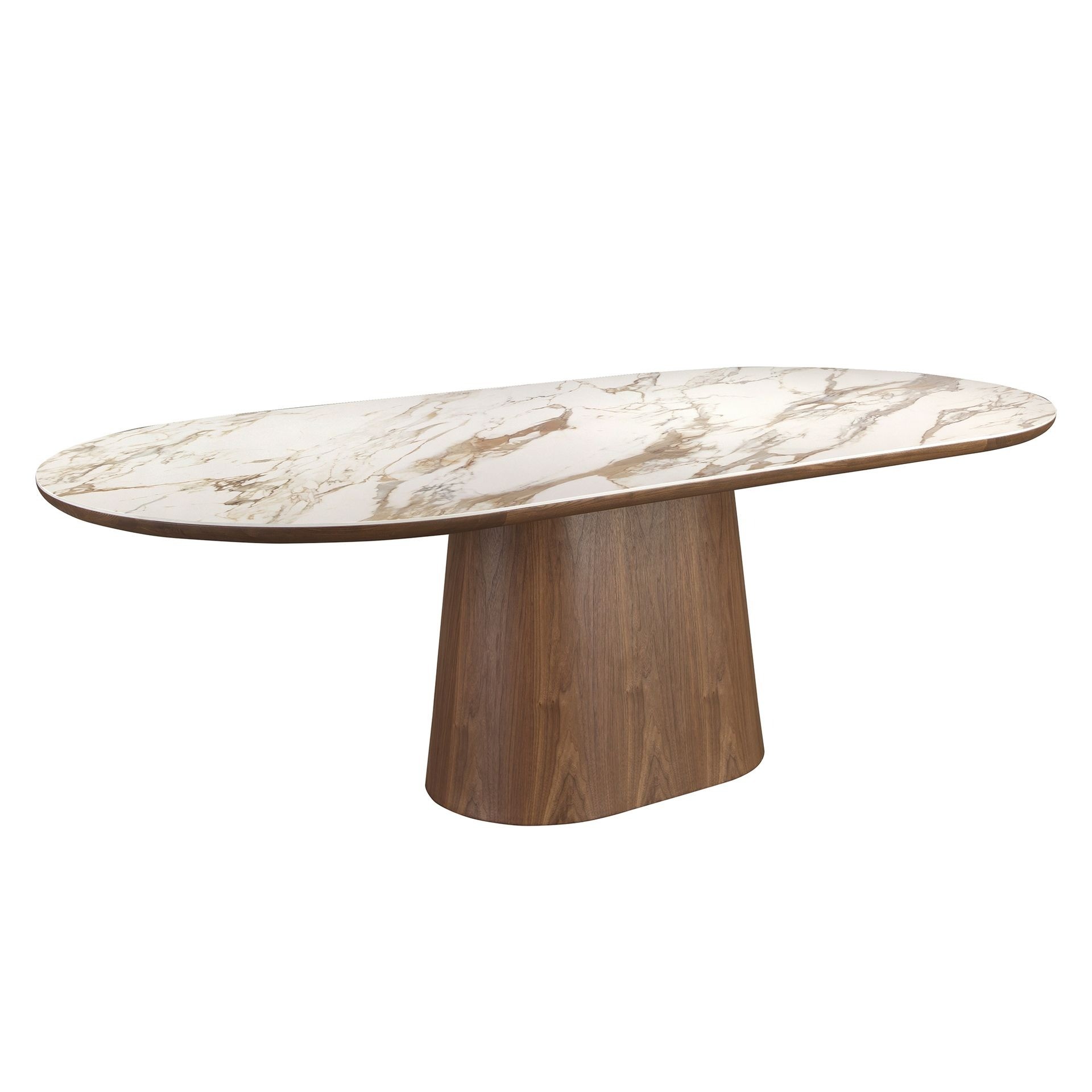 Estila Luxusný moderný oválny jedálenský stôl Vita Naturale z bieleho porcelánu s mramorovým vzorom s nohou z hnedého dreva 240 cm
